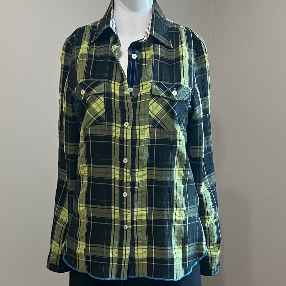 Arnold Zimberg Black and Green Velvet Trim Plaid Shirt Size S